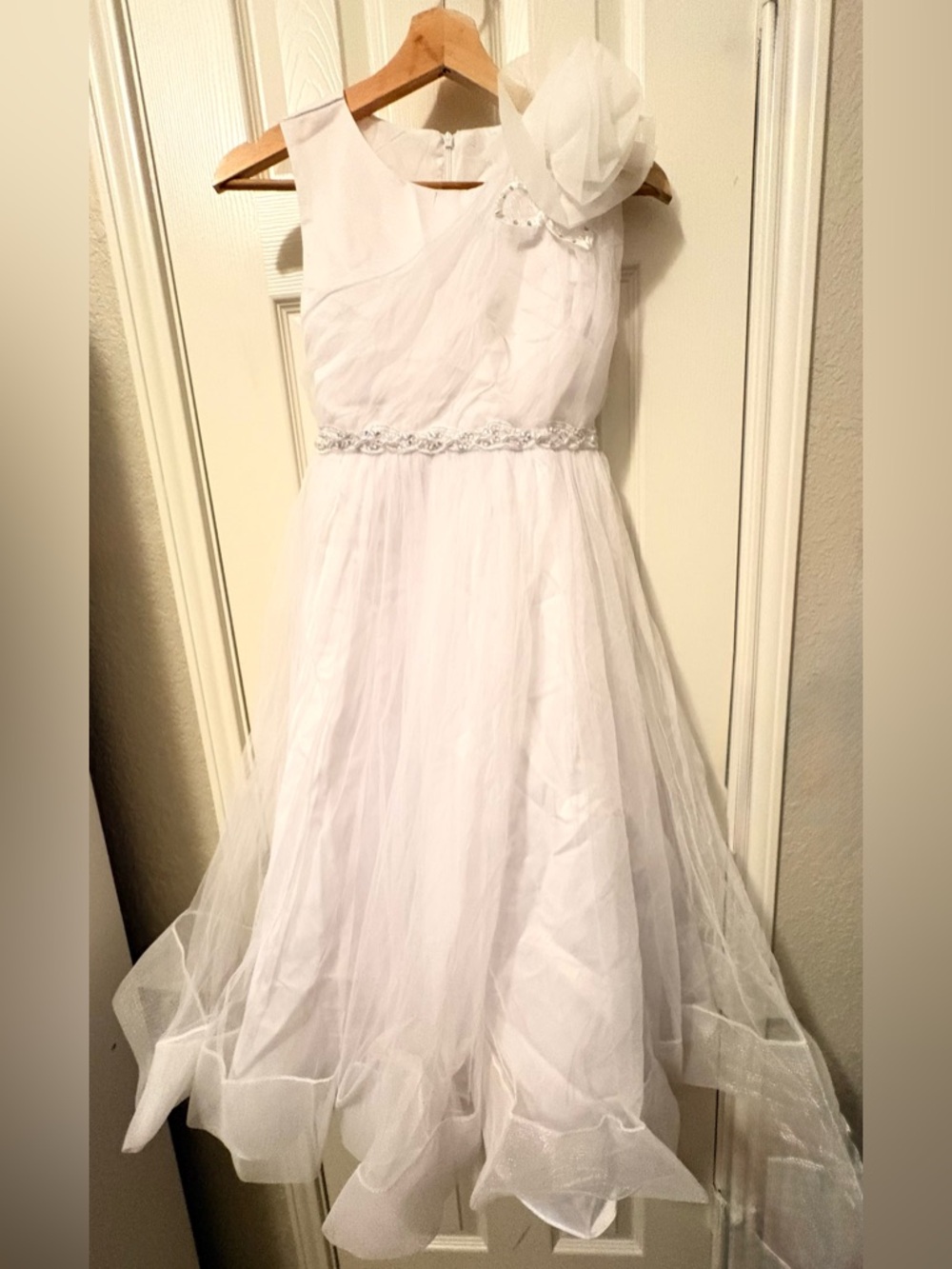 White Tulle Flower Girl Dress with Beaded Waist